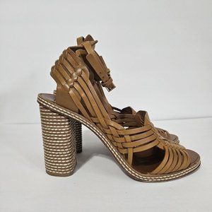 Tory Burch Wmns Sz 10M Brown Pecha Woven Leather Block Heel Ankle Strap Sandals